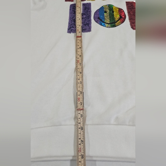 Fashion Nova Sequin Happy Hour Sweatshirt Ivory Size L Colorful Rainbow Holiday - Picture 5 of 7